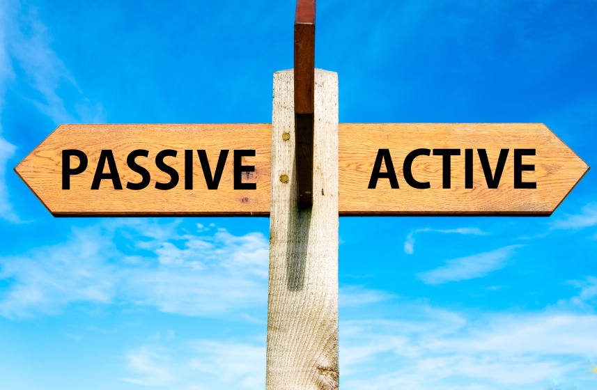 Wooden signpost with two opposite arrows over clear blue sky, Passive versus Active messages, Lifestyle change conceptual image