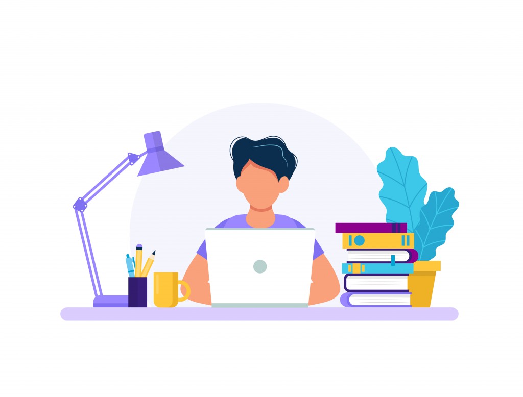 Man with laptop, studying or working concept. Table with books, lamp, coffee cup. Vector illustration in flat style