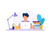 Man with laptop, studying or working concept. Table with books, lamp, coffee cup. Vector illustration in flat style