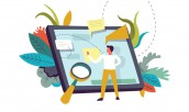 Tablet with memos, person and magnifying glass vector