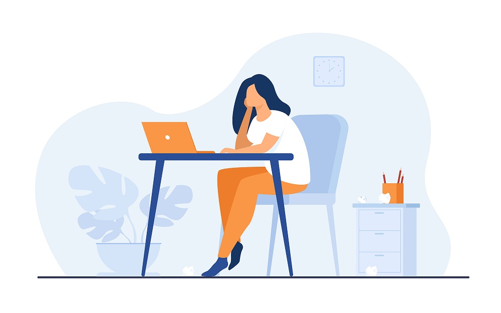 Cartoon exhausted woman sitting and table and working