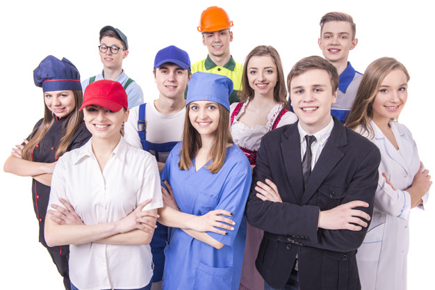 Young group of industrial workers on white background.