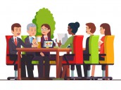 Businessman group meeting & discussing in  board room at big conference desk. Business people teamwork. Modern office interior. Flat isolated vector