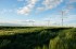 Beautiful grassy field with windmills in the distance under a blue sky