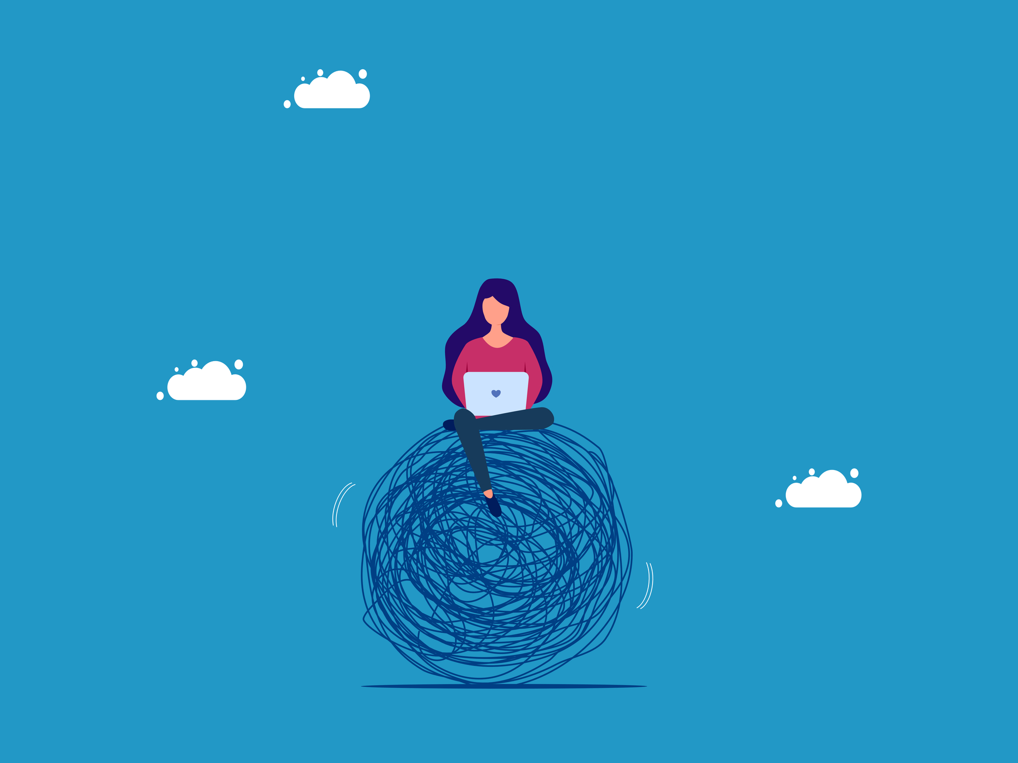 Control emotions while solving difficulties. woman balances chaos with laptop